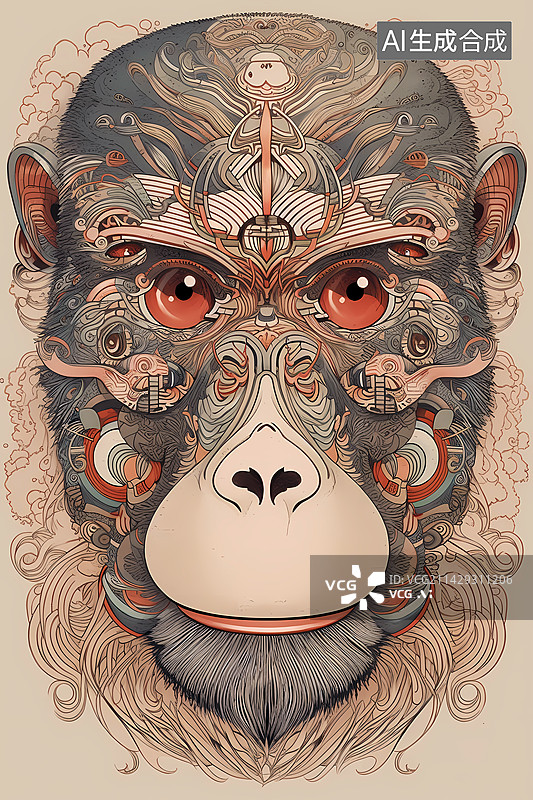 【AI数字艺术】十二生肖中带花纹的猴头图片素材
