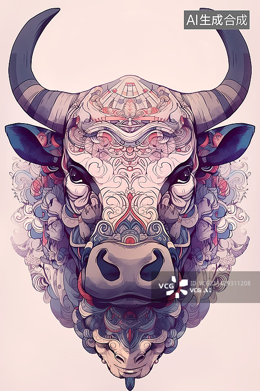 【AI数字艺术】十二生肖中带花纹的牛头图片素材