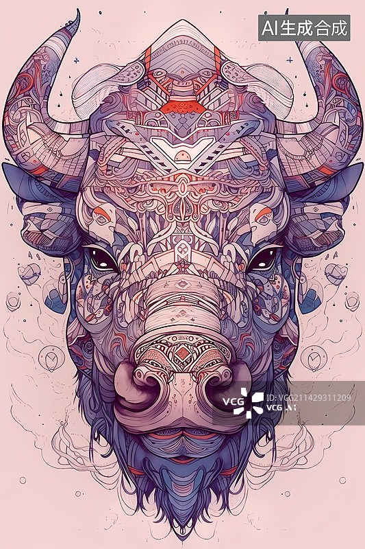 【AI数字艺术】十二生肖中带花纹的牛头图片素材