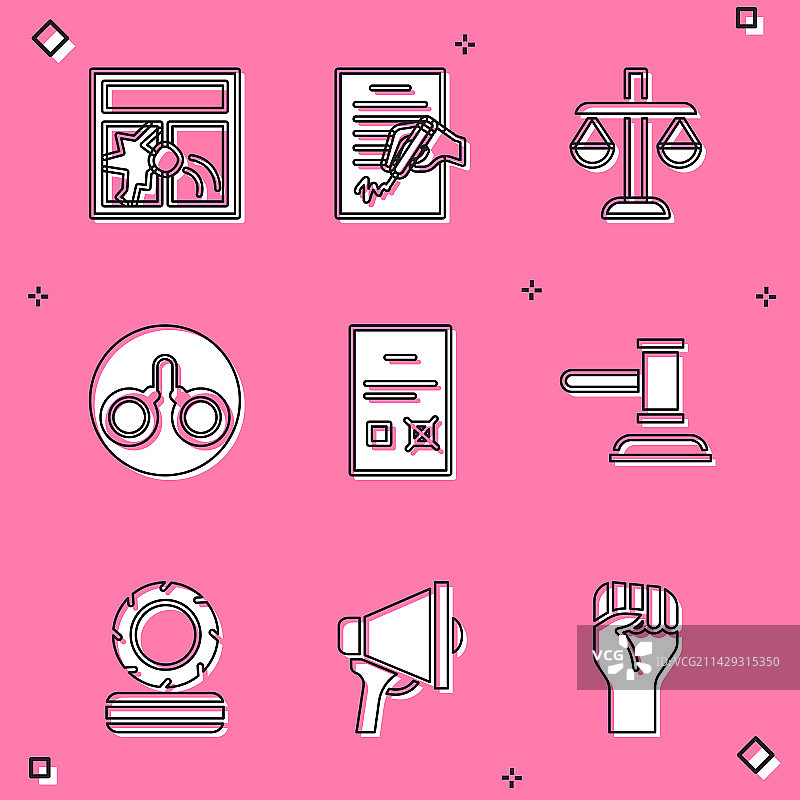 打碎的窗户、请愿书和正义天平图片素材