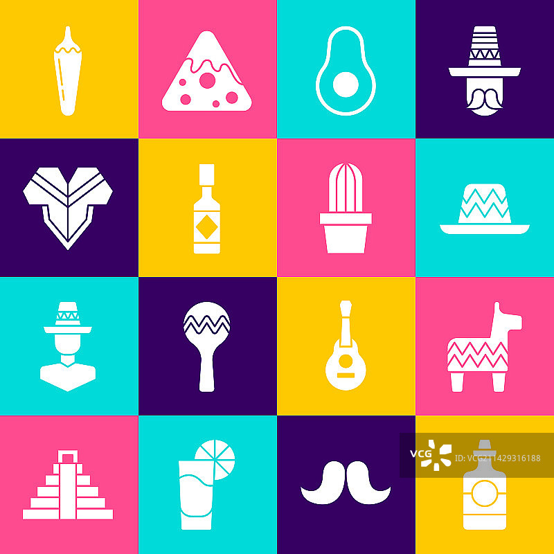 龙舌兰酒瓶、皮纳塔和墨西哥草帽组合图片素材