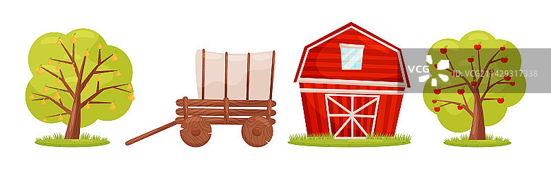 带有果树木制货车的农场元素图片素材