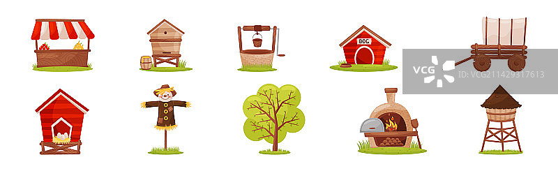 带稻草人水井市场的农场物品图片素材