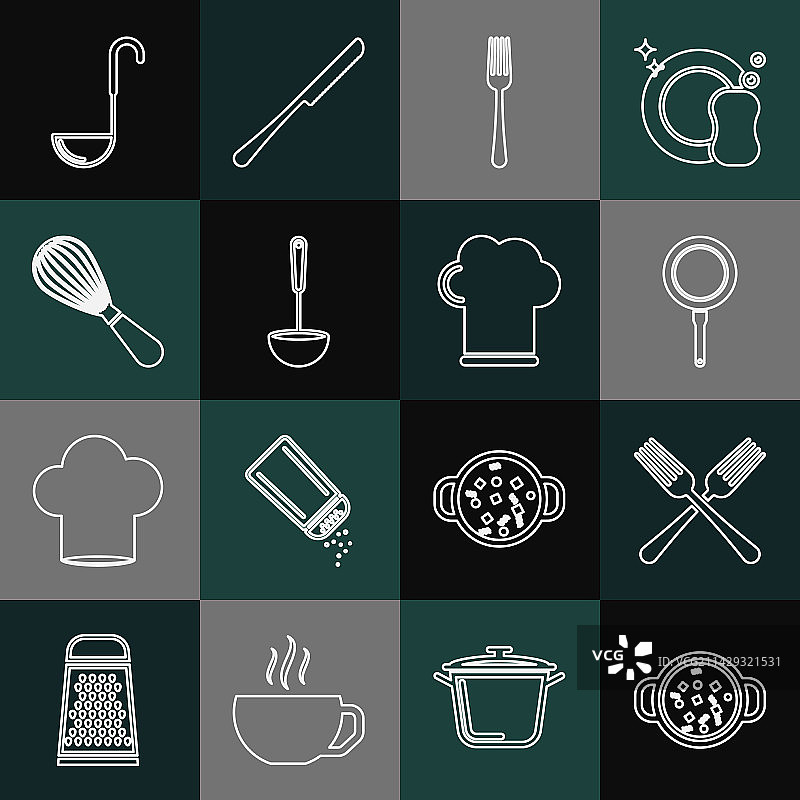 锅中浓汤、交叉叉子和煎炸图片素材