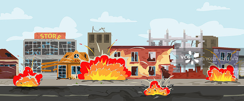 破损的城市房屋横向构图图片素材