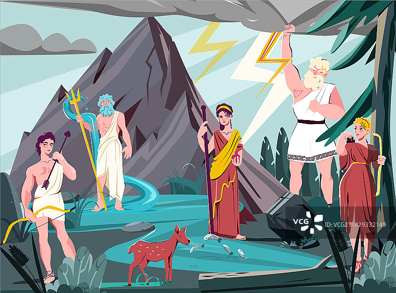 奥林匹斯山诸神扁平风格组合图片素材
