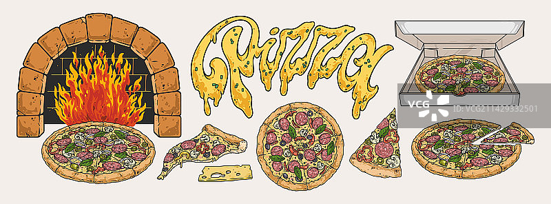 意大利披萨彩色徽章套装图片素材