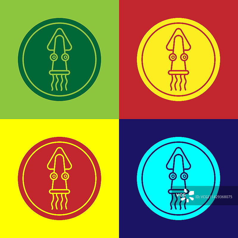 彩色背景上的波普艺术盘中章鱼图标图片素材