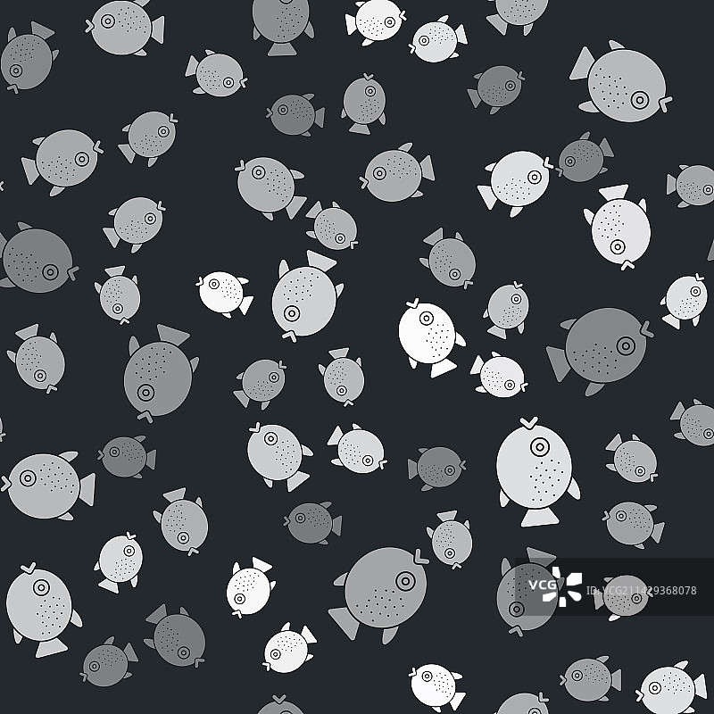 灰色河豚鱼图标隔离在无缝图案上图片素材