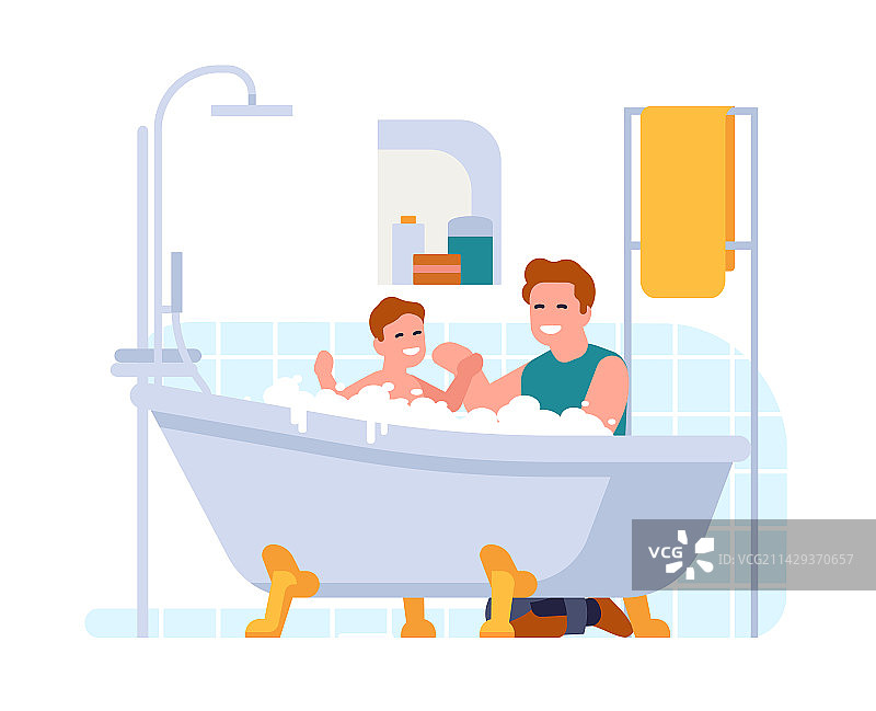 快乐的父亲给宝宝洗澡，进行身体清洁日常图片素材