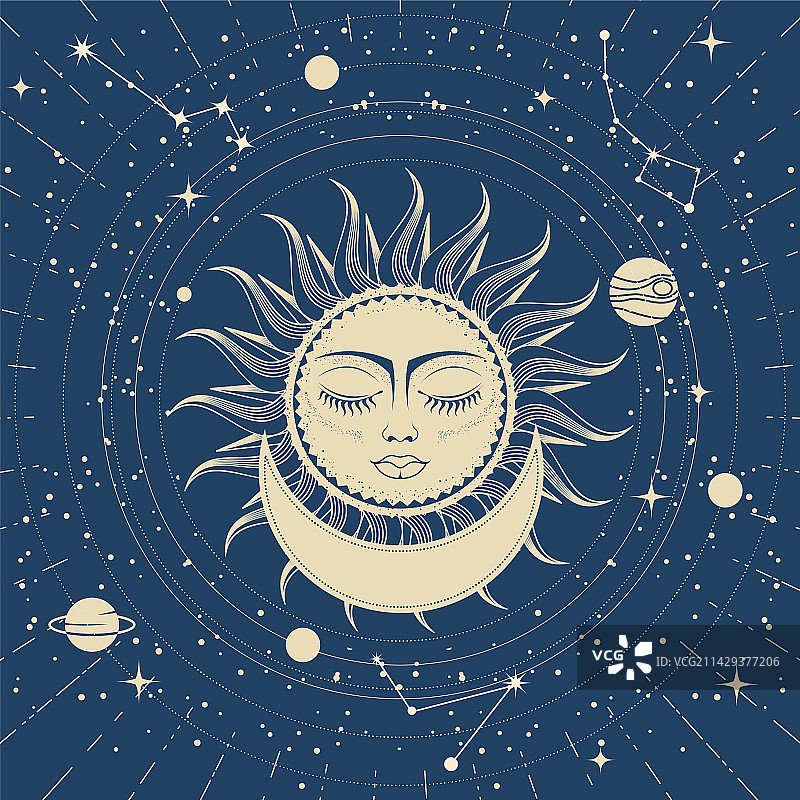 弯月上闭着眼睛的太阳图片素材