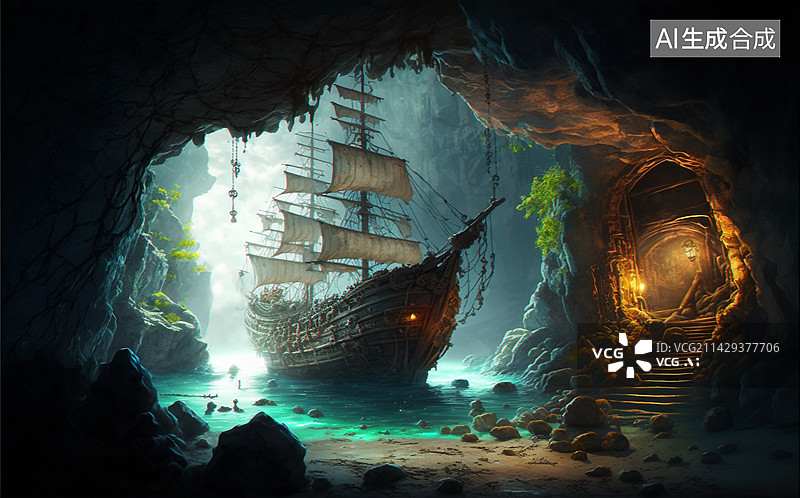 【AI数字艺术】加勒比海盗船洞穴宝藏图片素材