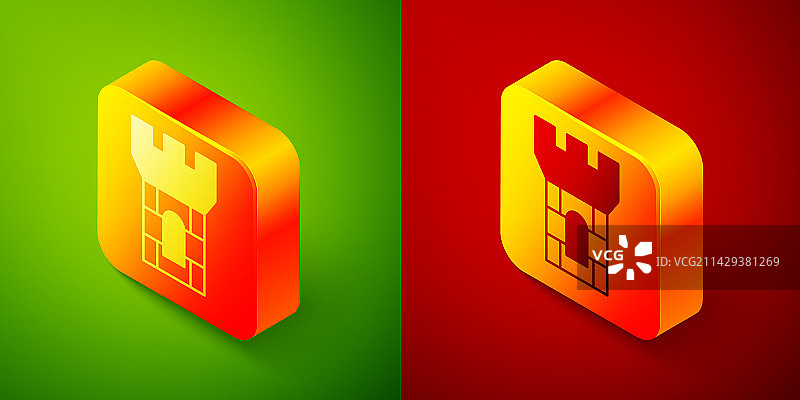 2.5D城堡塔楼图标，绿色背景图片素材