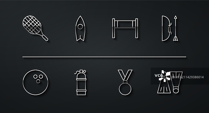 网球拍、保龄球和箭头图标图片素材