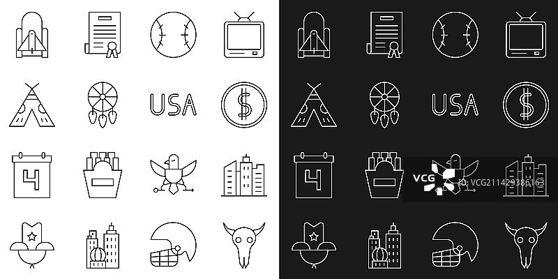 水牛头骨、城市景观、硬币和钱水桶线条素材图片素材