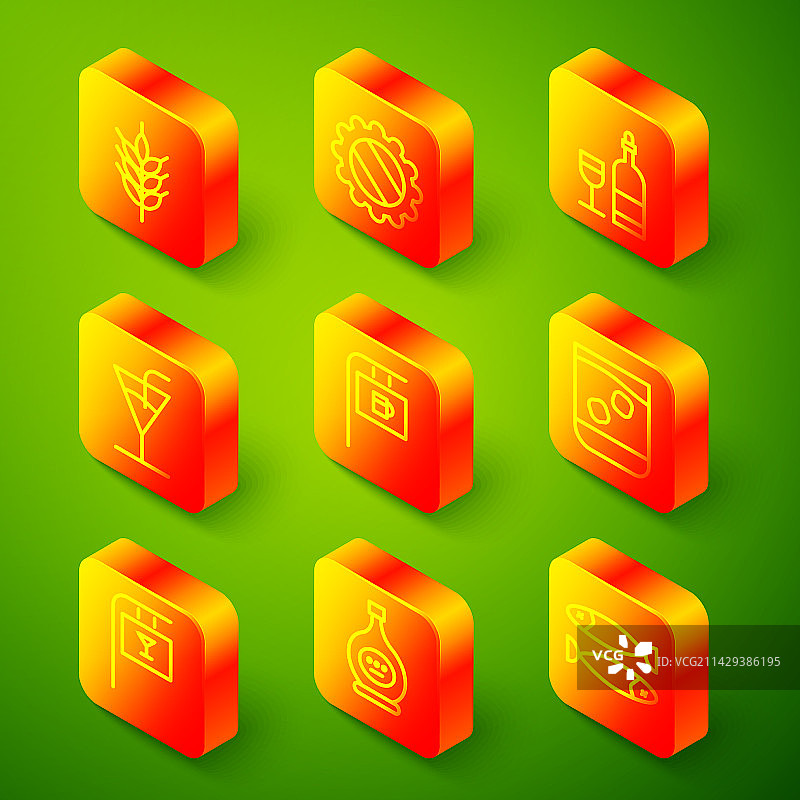 啤酒花、瓶盖、葡萄酒瓶和玻璃杯图片素材