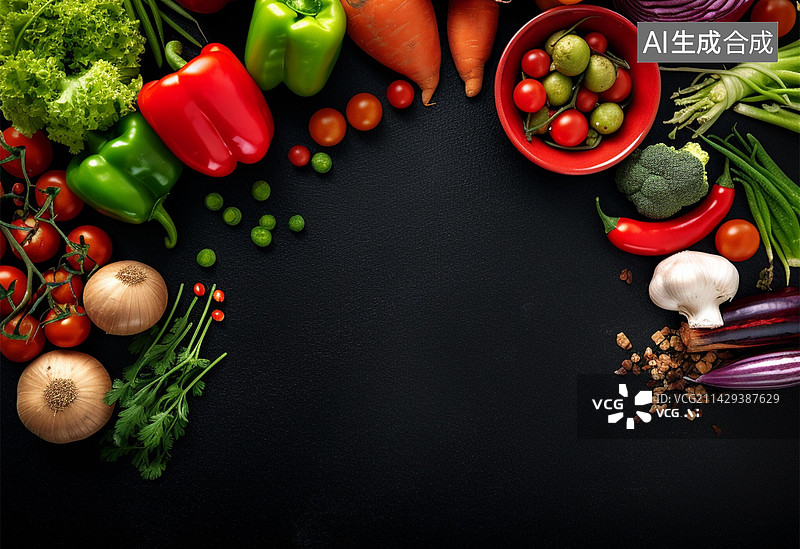 【AI数字艺术】健康美食新鲜蔬菜水果俯视图有机食品背景素材图片素材