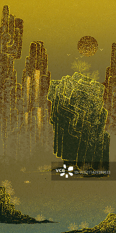 新中式金箔风景画图片素材