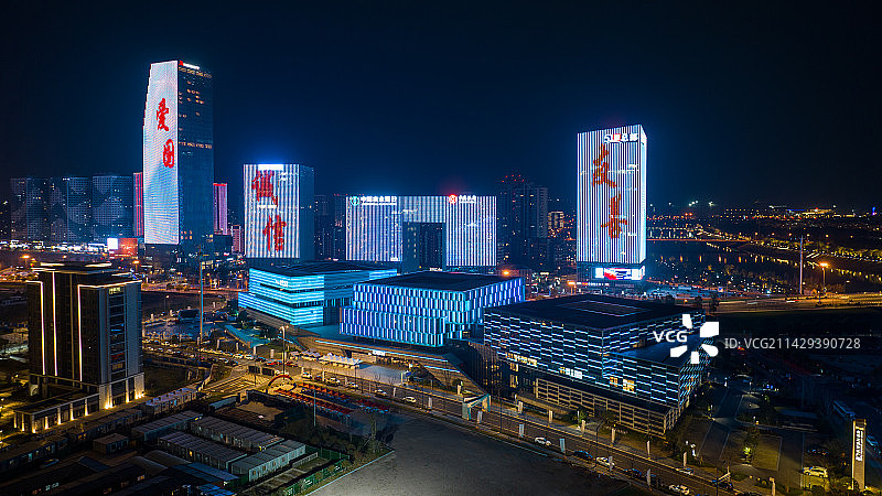 浙江金华婺城区城市CBD夜景航拍大景图片素材