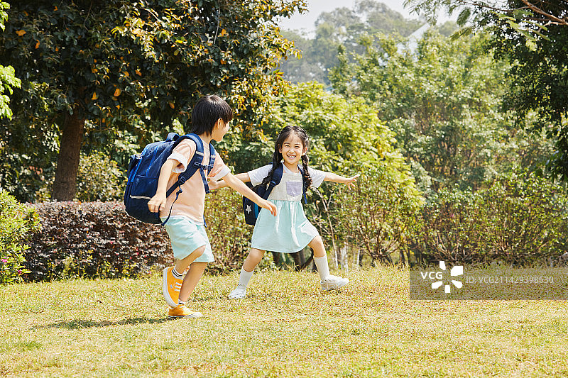 在草坪上奔跑玩耍的兄妹图片素材