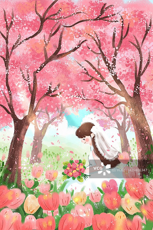 春天樱花树下的女孩图片素材
