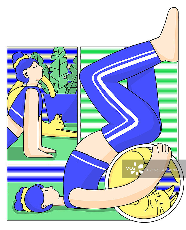 猫咪和女人一起做瑜伽健身分镜创意插画图片素材