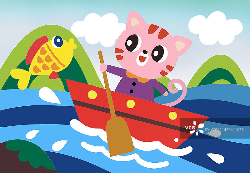 小猫划船图片素材