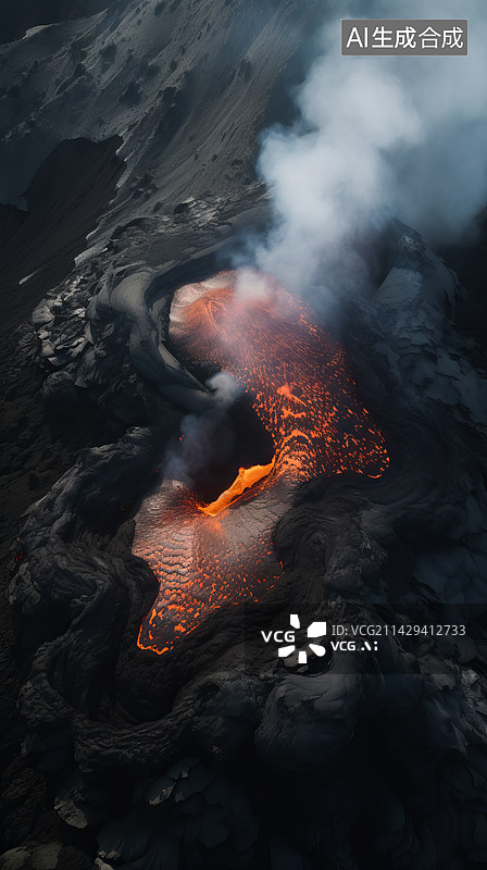 【AI数字艺术】火山喷发岩浆流淌景观中的鸟瞰图图片素材