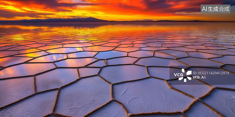 【AI数字艺术】日落时干涸的盐湖对天景色图片素材