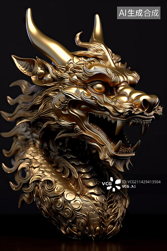 【AI数字艺术】黑色背景下的兽首金铜雕像特写镜头图片素材