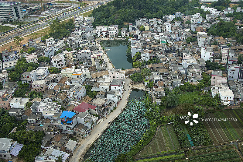 航拍，番禺区，小谷围岛，刚建成启用的广州大学城，保留的村庄，古村，贝岗村，穗石村，北亭村，南亭村图片素材