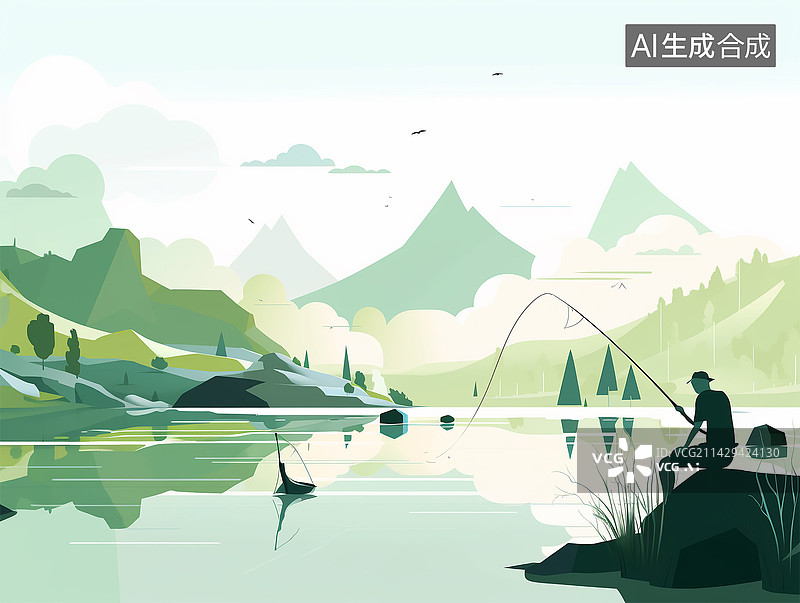 【AI数字艺术】一个正在钓鱼的男人扁平风景运营插画图片素材