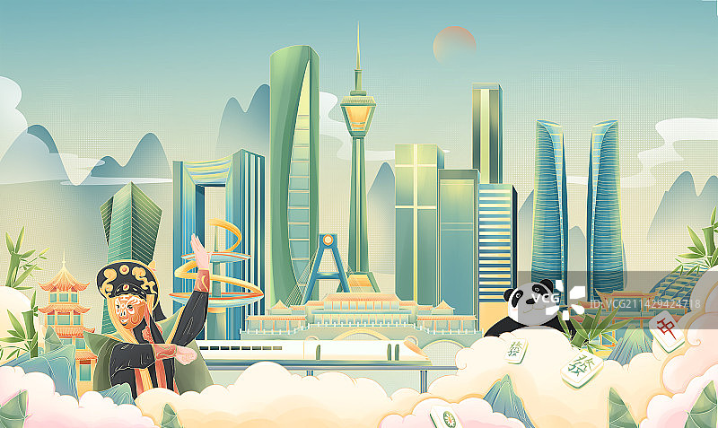 四川成都城市印象国潮插画图片素材