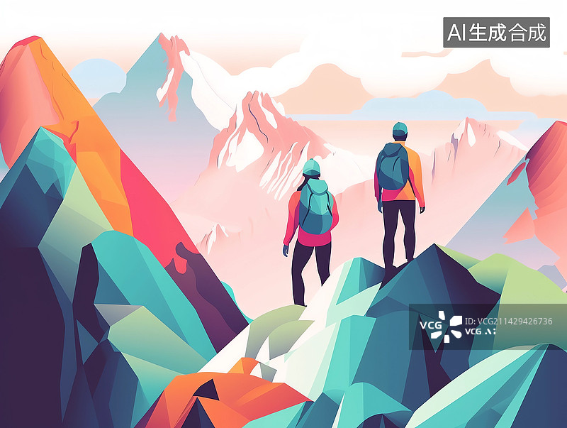 【AI数字艺术】两个正在露营爬山的人背包客扁平插画图片素材