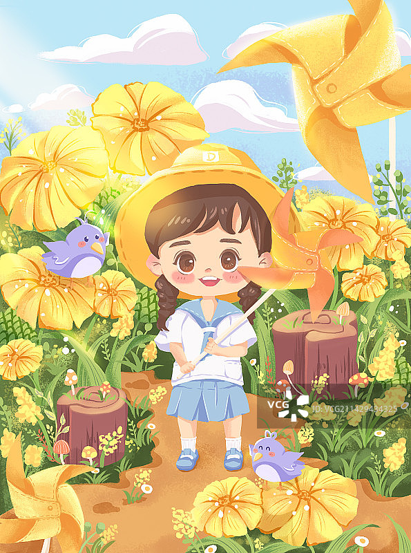 蓝天白云鸟木桩小黄花花丛中手持风车的小女孩治愈系儿插图片素材
