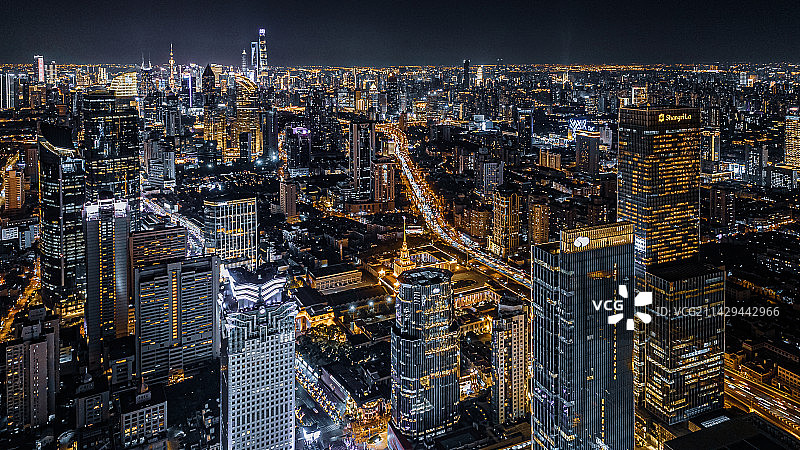 航拍上海静安区CBD夜景图片素材