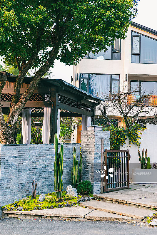 园林庭院松树仙人掌小品院门景观图片素材