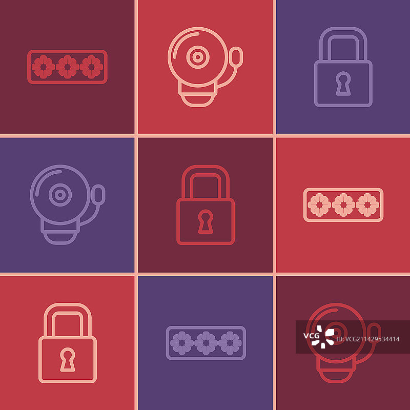 密码保护、锁和响铃线条图片素材
