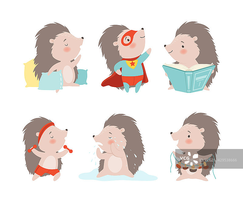 享受不同乐趣的灰色刺猬卡通形象图片素材