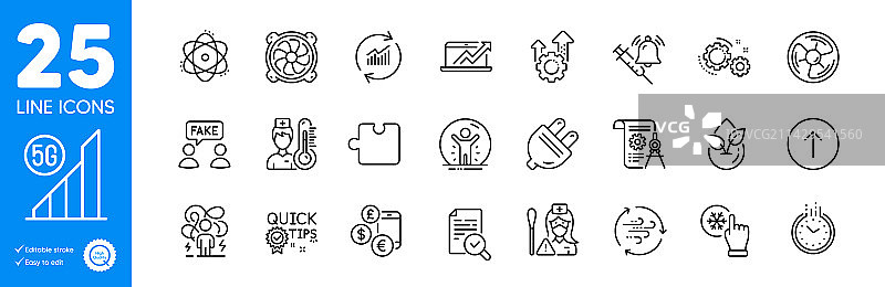 原子、电源插头和分隔线的轮廓图标集图片素材