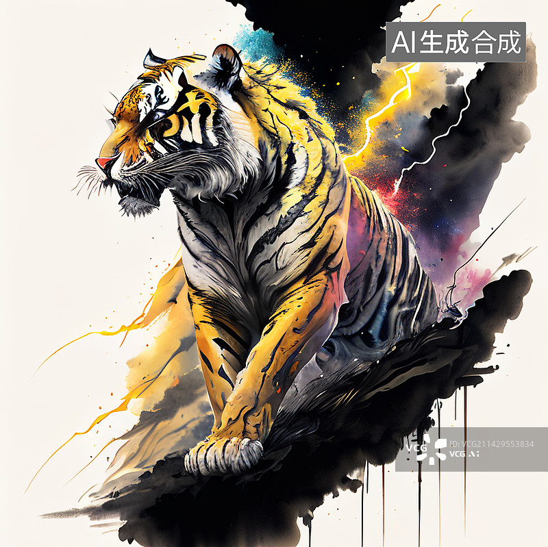 【AI数字艺术】彩墨动物老虎图片素材