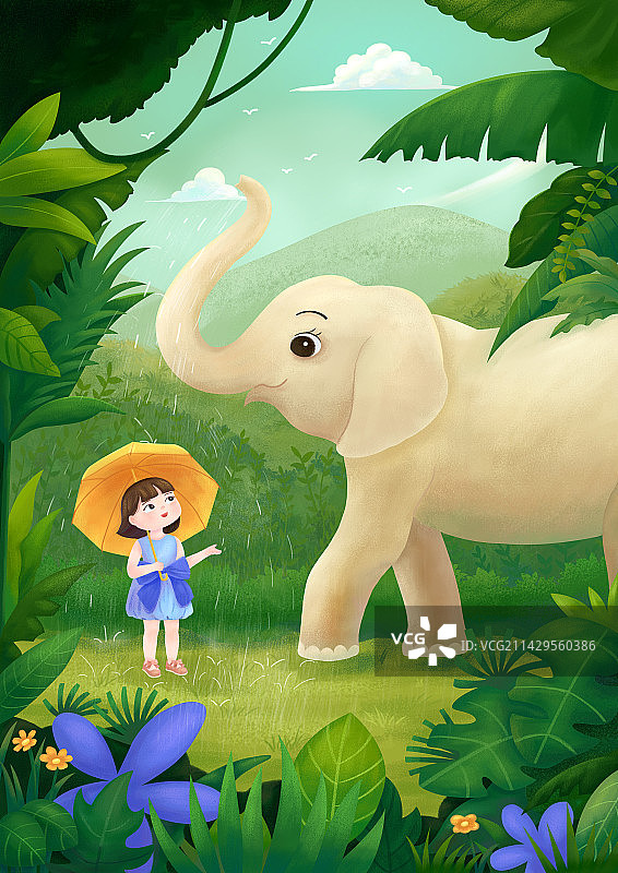 热带雨林中，一只大象朝手中撑伞的女孩洒水图片素材