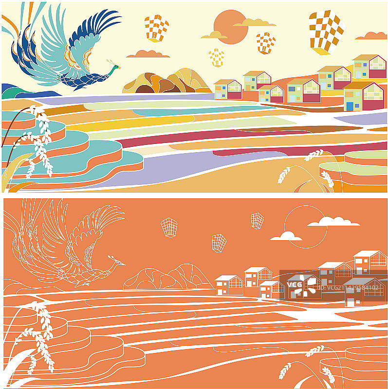 七彩云南乡间金色梯田矢量插画图片素材