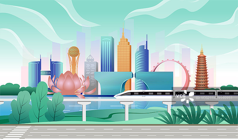 中国江苏常州市商务科技城市彩色插画图片素材