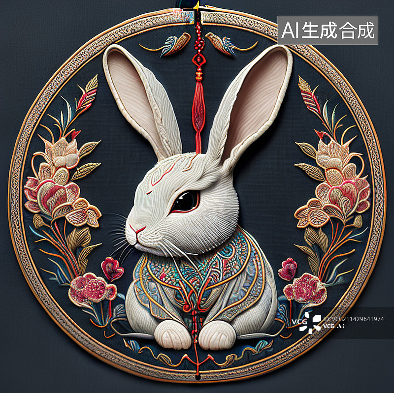 【AI数字艺术】刺绣兔子图片素材