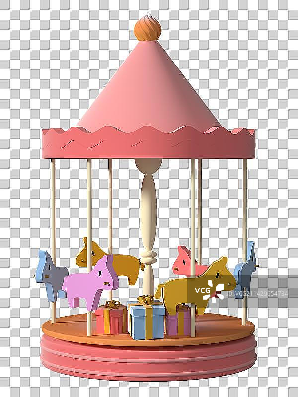 免抠3D渲染浪漫粉色磨砂旋转木马带礼物盒子图片素材