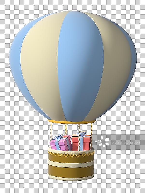 免抠3D渲染浪漫蓝色白色磨砂热气球带礼物盒子图片素材