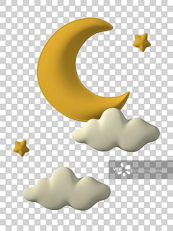 免抠3D渲染黄色月亮星星和白云图片素材