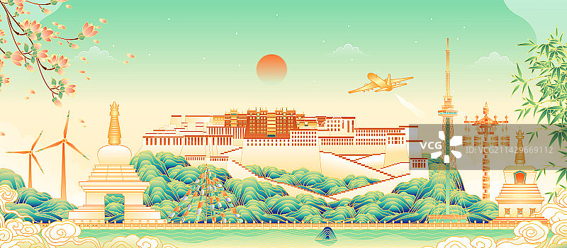 西藏拉萨城市地标建筑群矢量插画图片素材