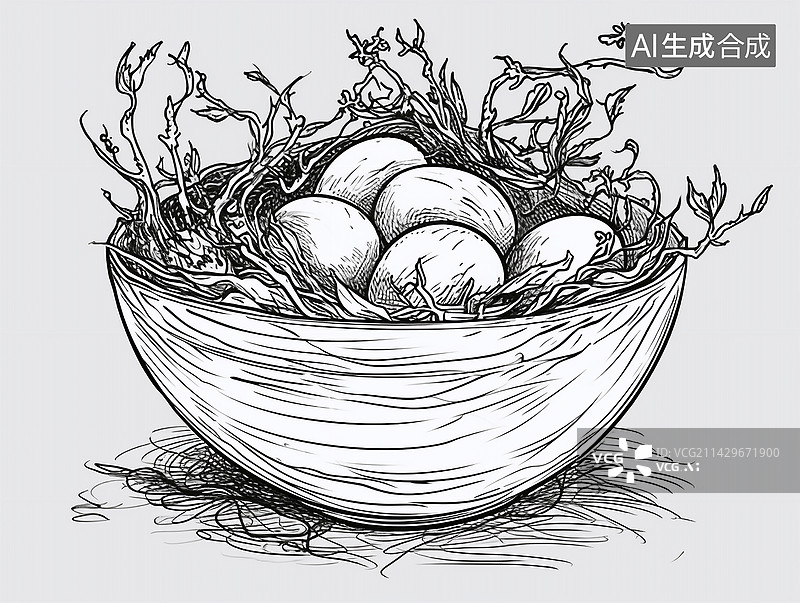 【AI数字艺术】碗中鸡蛋的高角度视图燕窝线条风格版画风图片素材